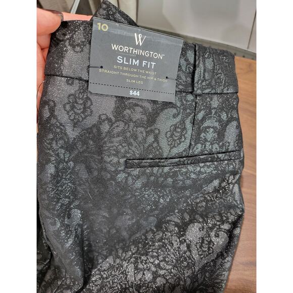 NWT Worthington Black Lace look Metallic thread Slim Fit Ankle Pants Sz 10 #477 - Picture 2 of 12
